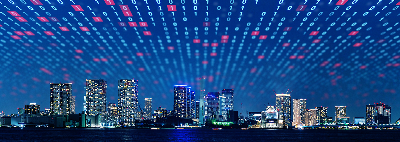 city scape with code above it